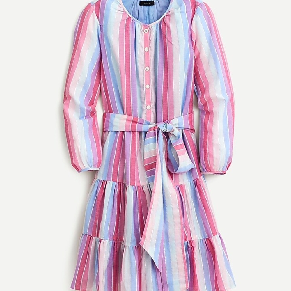 J.Crew Belted Button-Up Dress Size Small Pastel Stripe‎ Silver Tie Waist Tiered